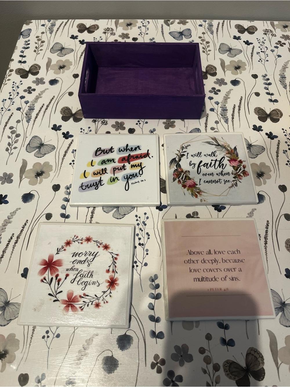 Purple Decorative Wooden Tray with Inspirational Coasters